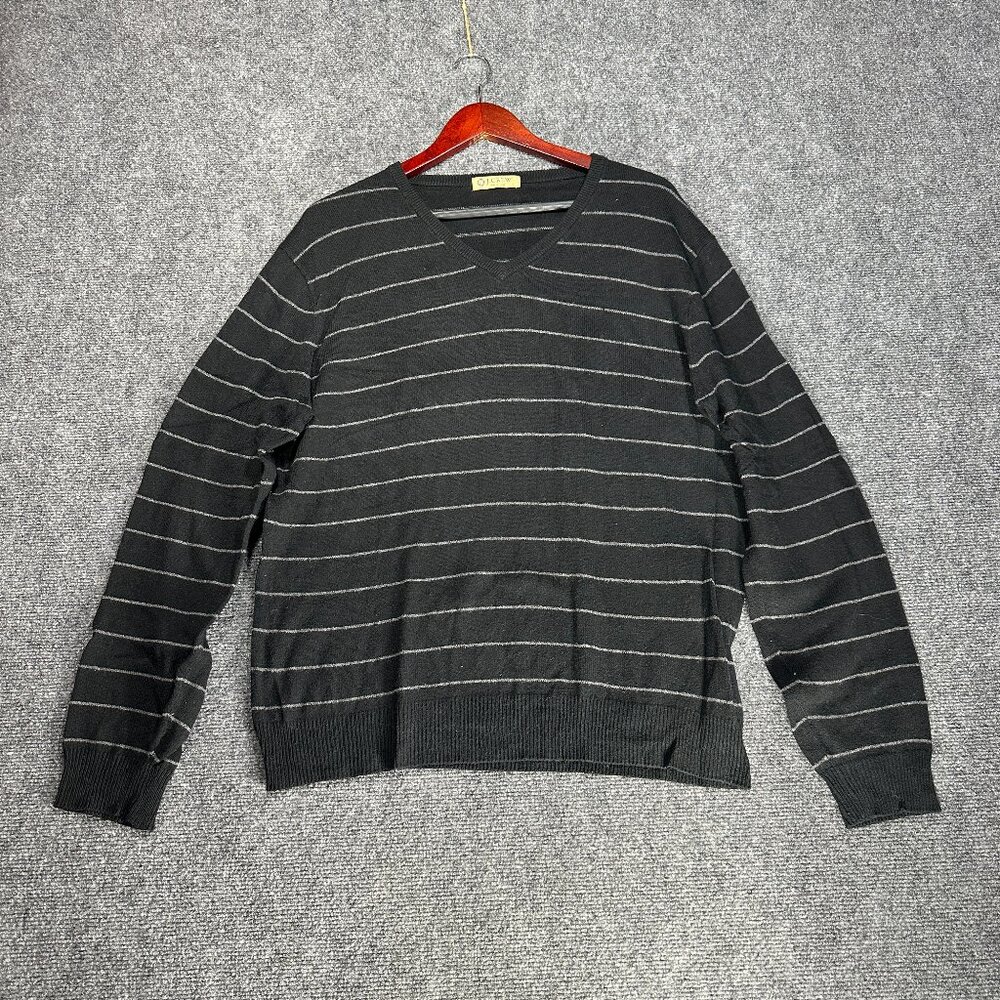 J Crew Sweater Mens Large Cotton Cashmere Black Gray Stripe  V Neck Long Sleeve